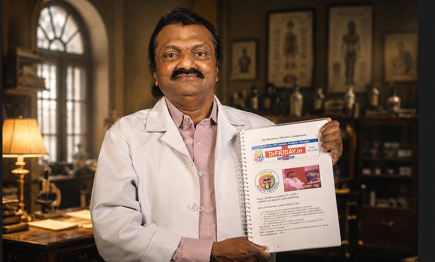 Dr. Harish Kumar in a lab coat holding his vision notebook